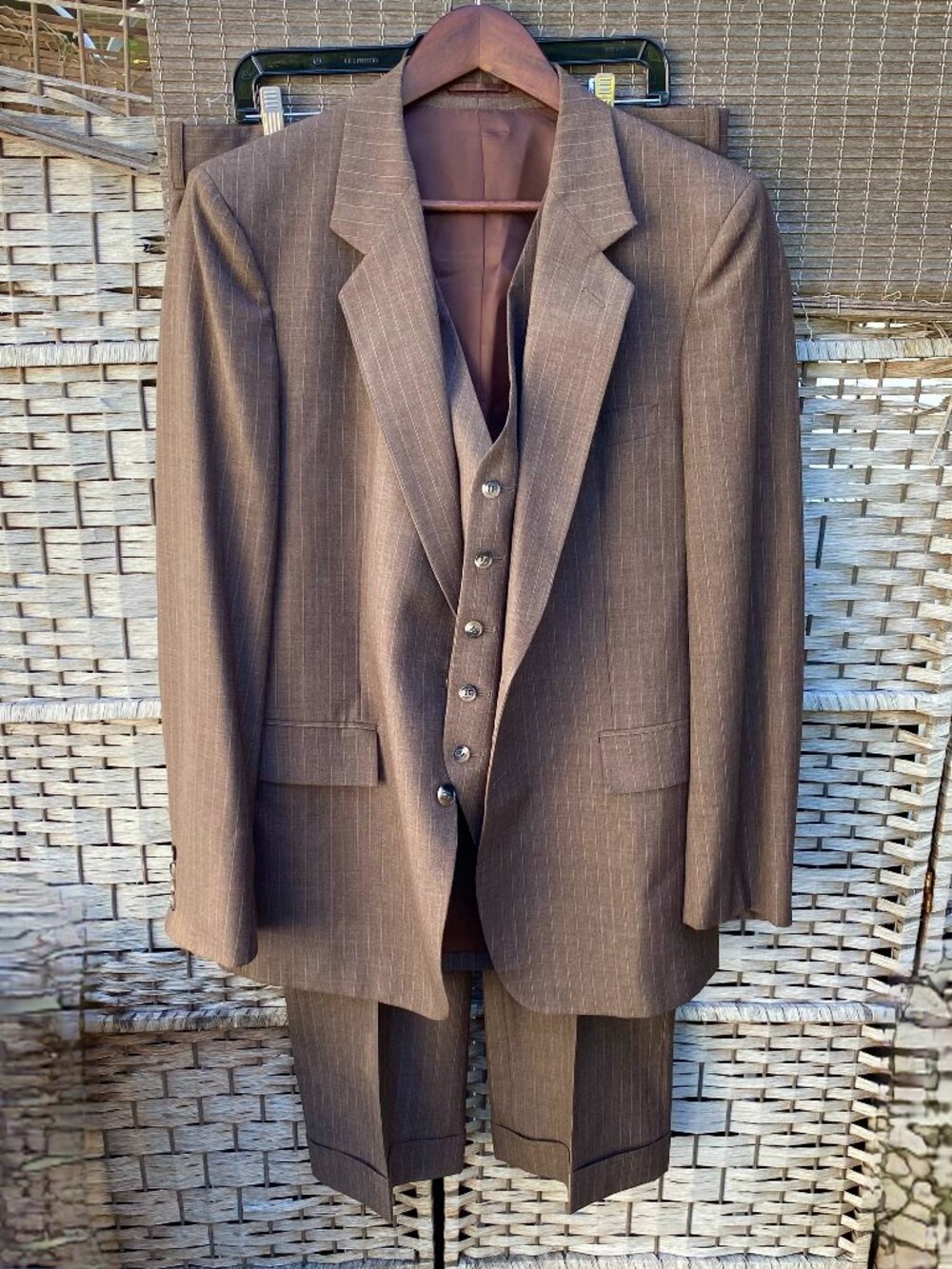 70s Saint Andre Three Piece Wool Pinstripe Suit Mens Brown Vintage 41R